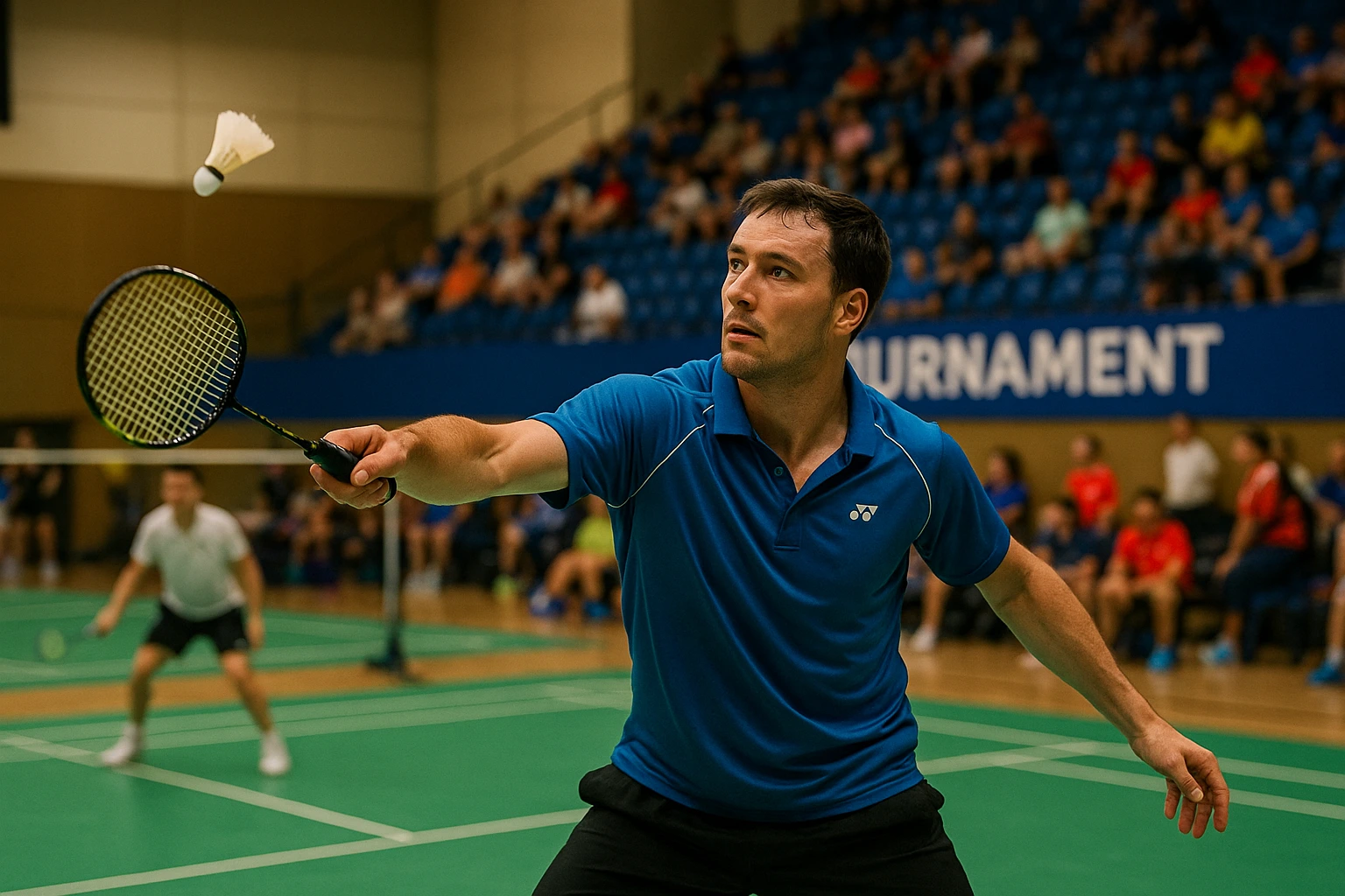 Badmintonový hráč v akci během turnaje